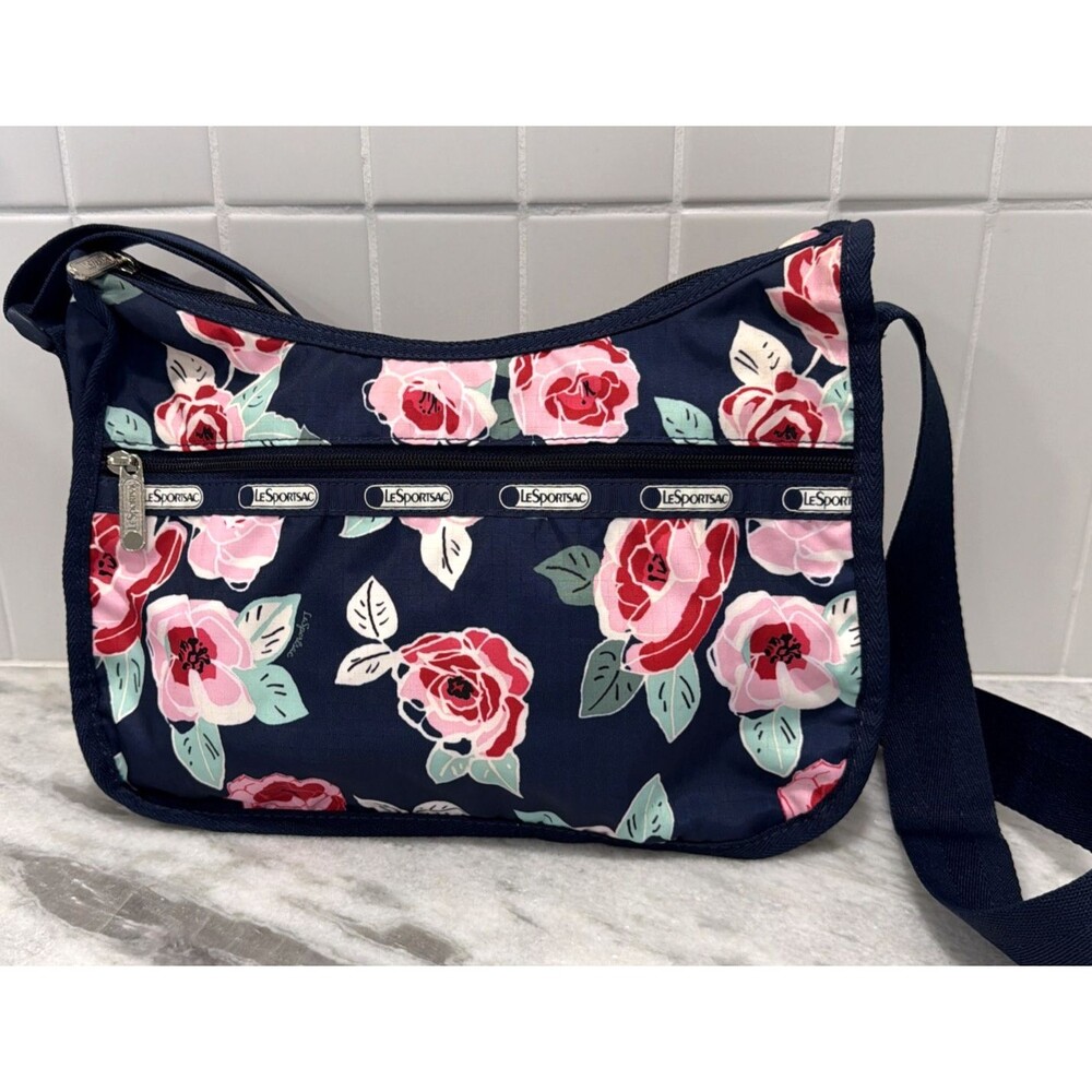 Le SportSac Pink Roses Floral Crossbody Bag Purse Blue Adjustable Strap Vacation